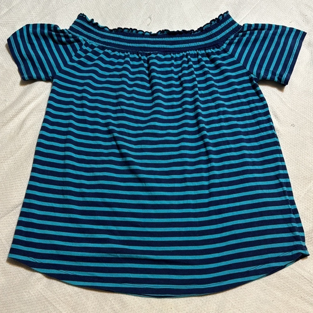 Liz Claiborn Blue Striped Off Shoulder Knit Top Short Sleeves Medium